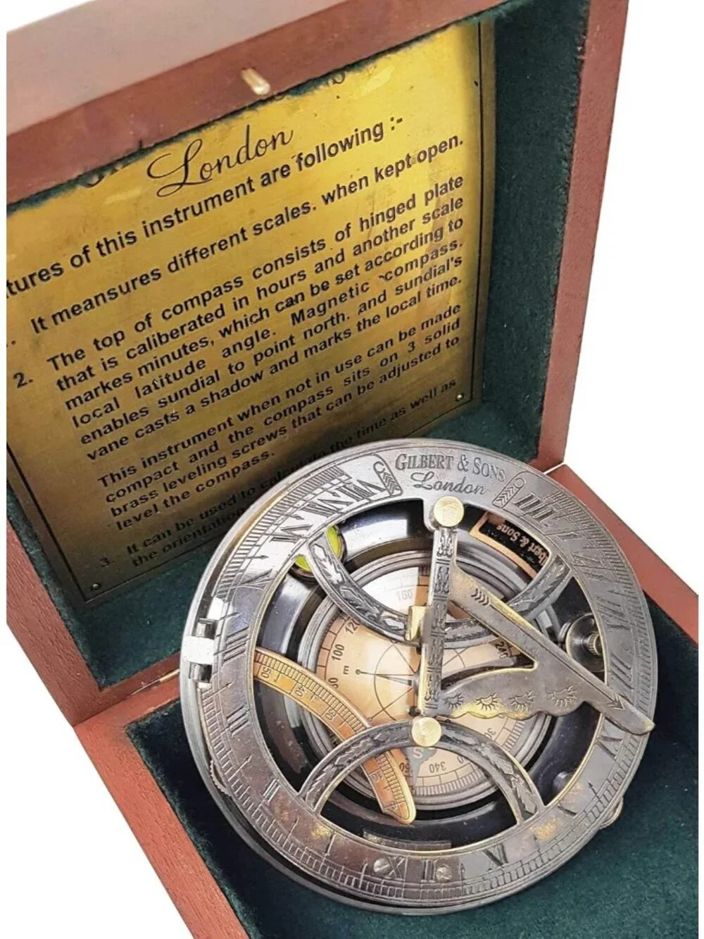 Home Silver Sundial Compass Rosewood Case Top Grade Calibrated Vintage Clock